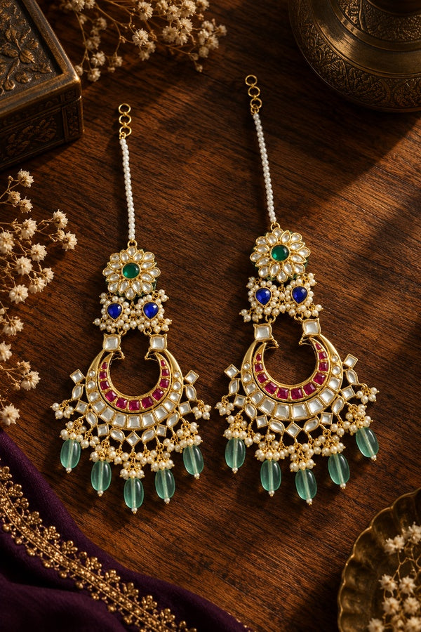 Double Layer White & Red Chandbalis With Barium Stones