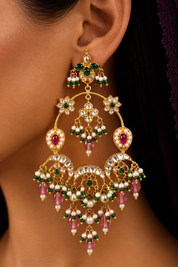 Statement Red & Green Kundan Tourmaline Drops Chandbali