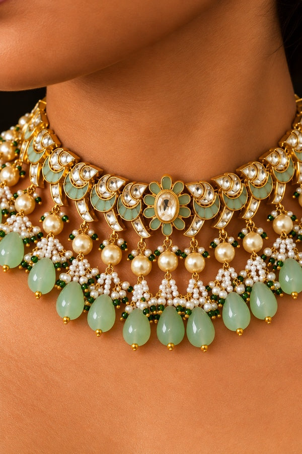 Mint Green Kundan Flower Chand Necklace