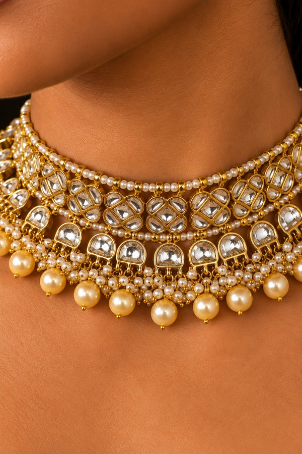 Statement Gold & White Kundan Pearl Drop Necklace