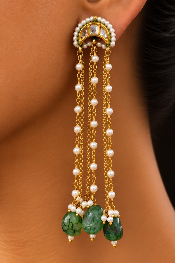 Gold Finish Emerald Lunar Kundan Pearl Dangler Earrings