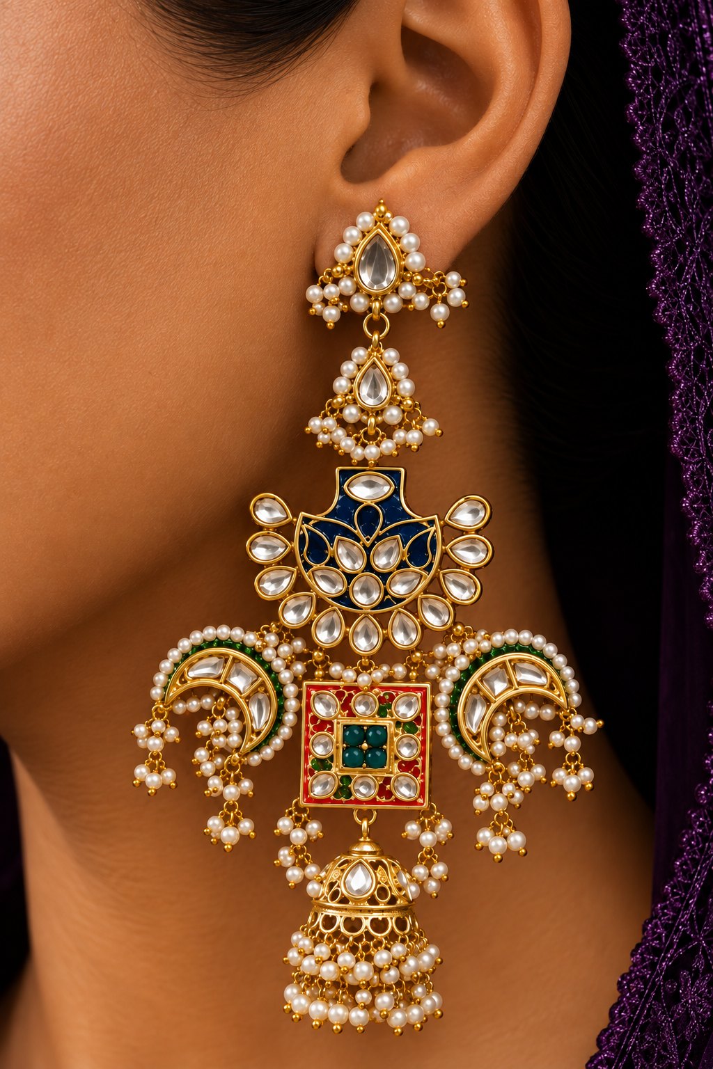 Red & Green Meenakari Blue Pankhi Jhumki Earring