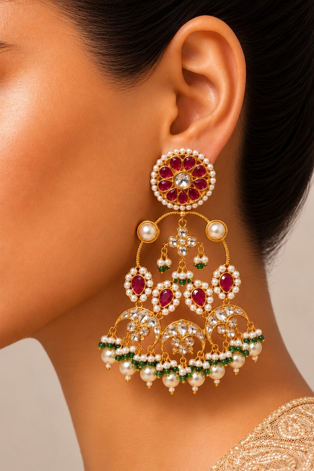 Statement Red Kundan Pearl Drops Chandbali