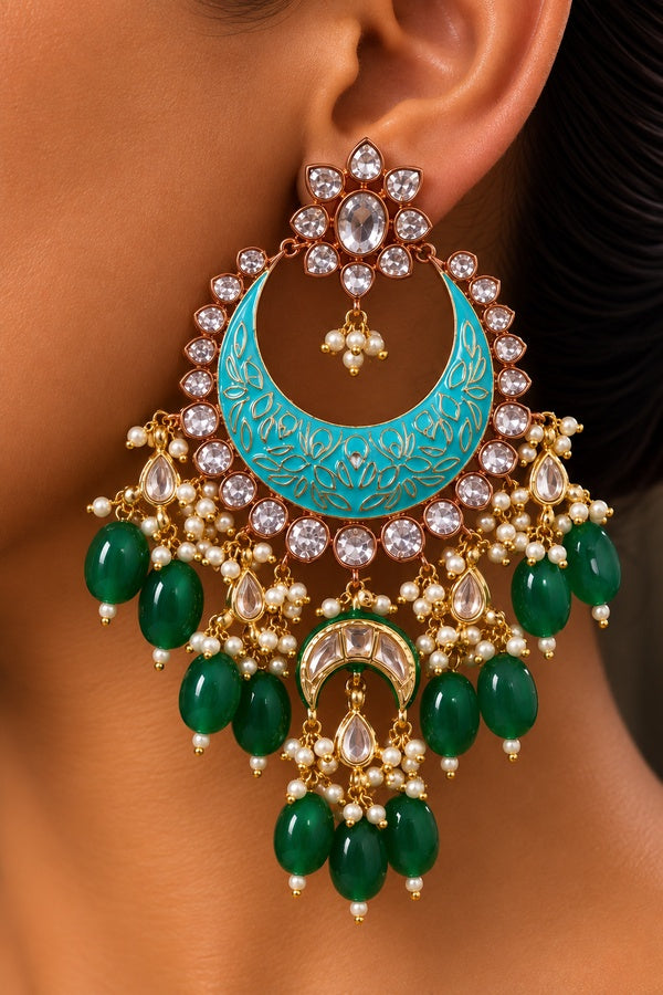 Blue Meenakari Chandbali With Emeralds Drops