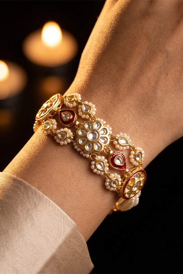 Red Meena Gold Kundan Bracelet