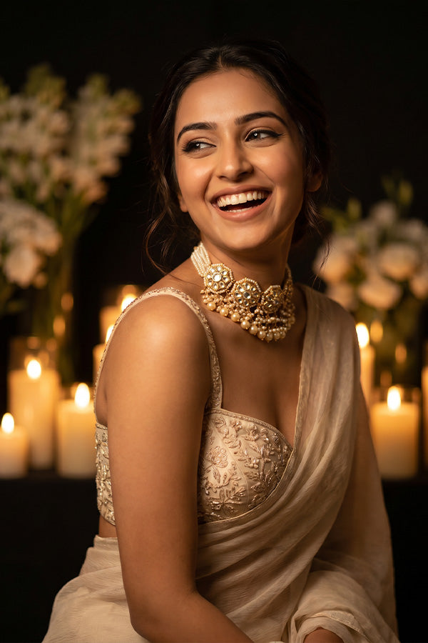 Golden Flower & Pearls Kundan Choker Necklace