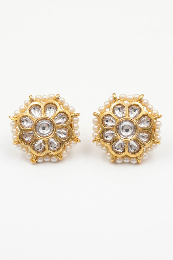 Gold Finish Kundan Pearl Stud Earrings