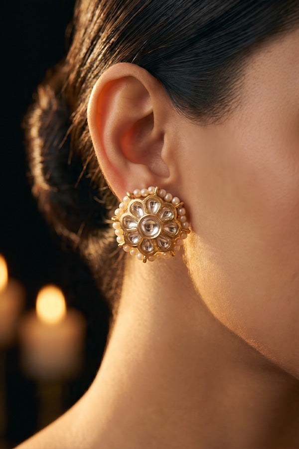 Gold Finish Kundan Pearl Stud Earrings