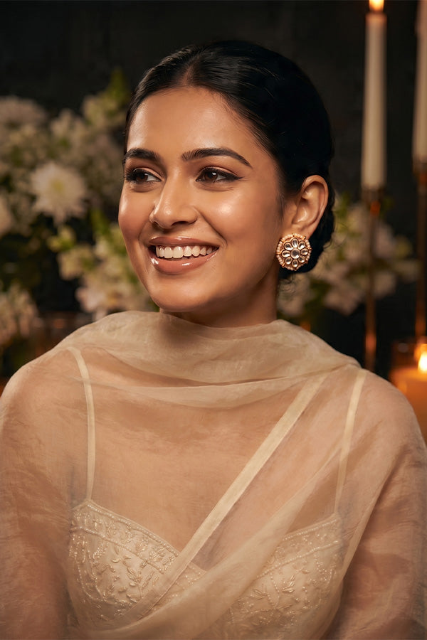 Gold Finish Kundan Pearl Stud Earrings