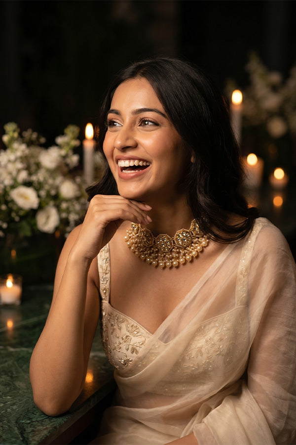 Golden Flower & Pearls Kundan Choker Necklace