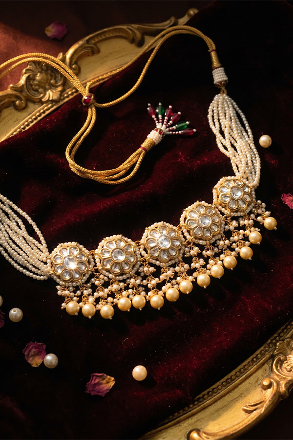 Golden Flower & Pearls Kundan Choker Necklace