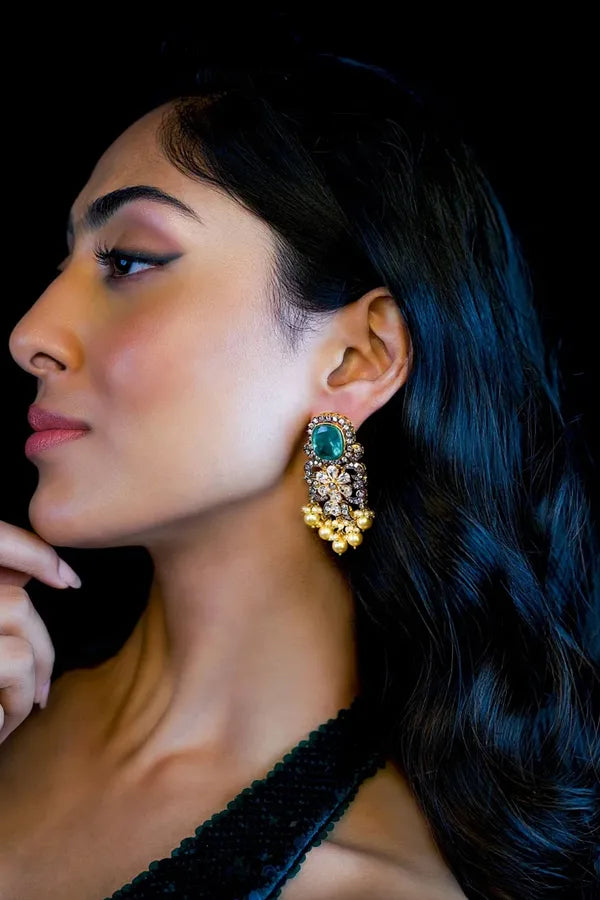 Statement Zirconia Dual Finish Green Dublet Stone Earrings With Pearls