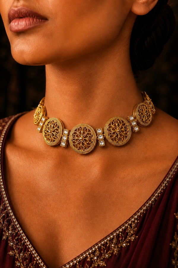 Golden Regal Round Filigree Choker Necklace