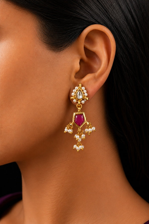 Kundan Red Hexa Drop Pearls Earrings