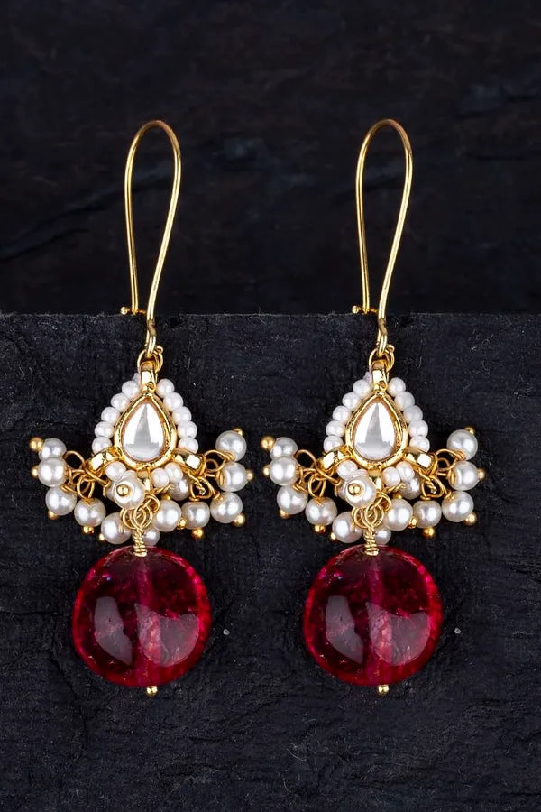 Gold Finish Tiny Kundan Tourmaline Drop Earrings