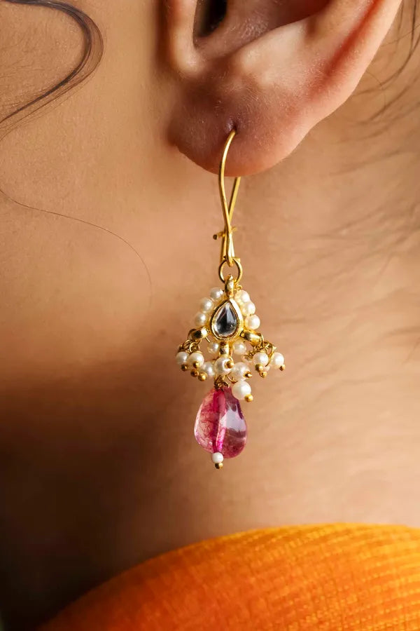 Gold Finish Tiny Kundan Tourmaline Drop Earrings