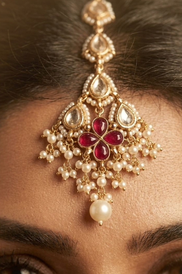 Fleur in Red Pearls Kundan Maang Tikka