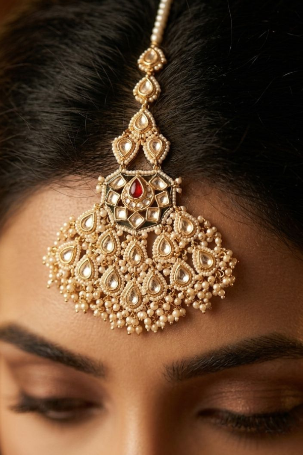 Red and Gold Chandelier Kundan Maang Tikka