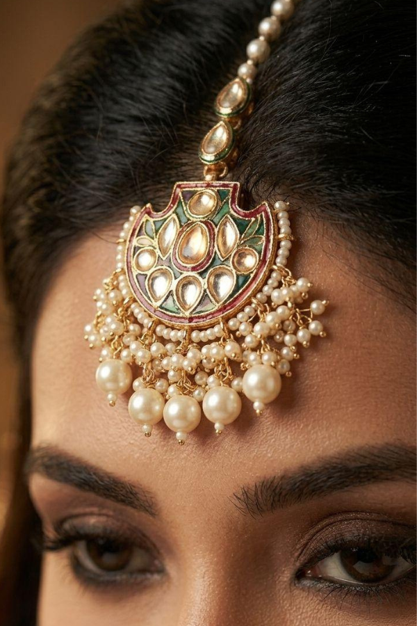 Red Meenakari with Pearls Kundan Maang Tikka