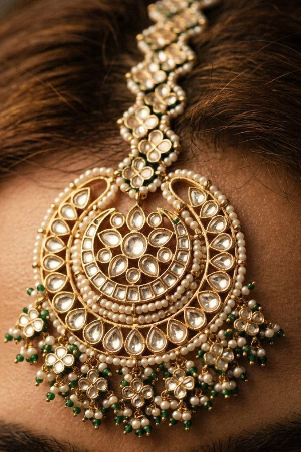 Statement Gold & White Green Hints Maang Tikka