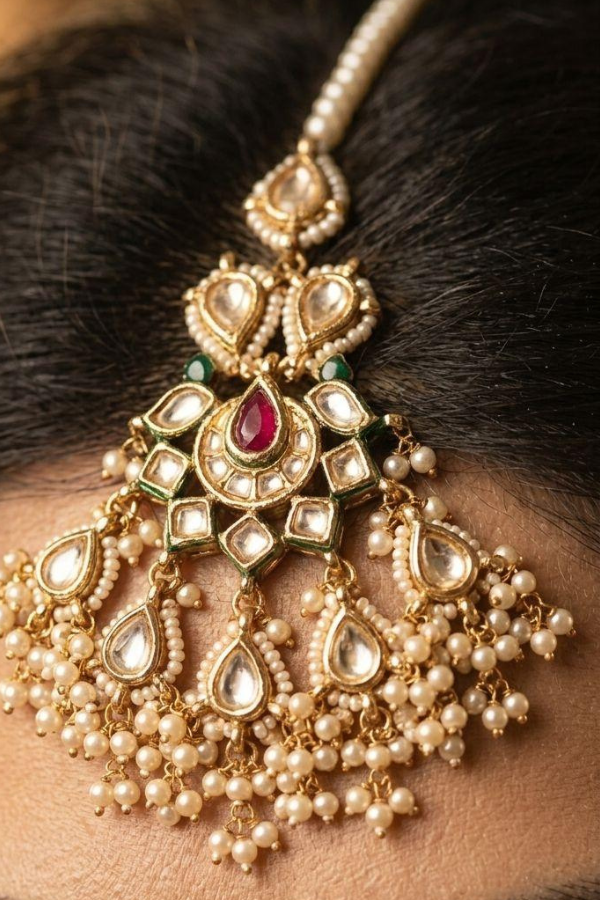 Gulaal Red Kundan Pearls Maang Tikka