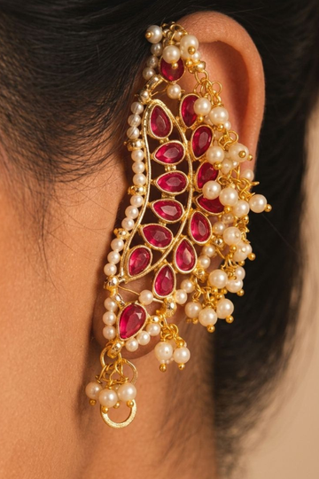 Gold Plated Pink Pearl Kundan Earcuff Earrings