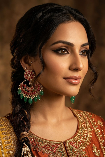Pink Kundan Jadau Chandbali With Green Drops
