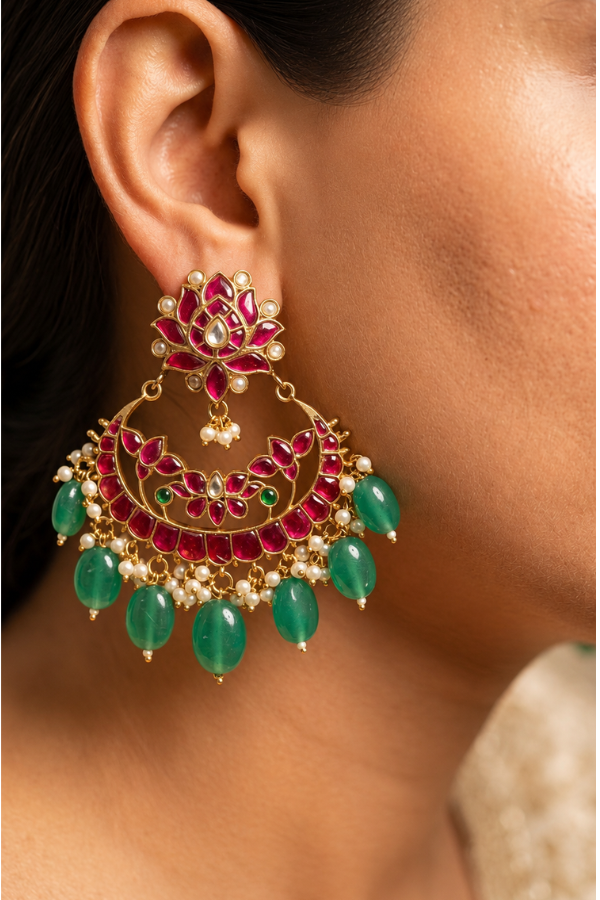 Pink Kundan Jadau Chandbali With Green Drops