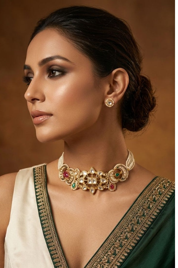 Red & Green Kundan Blue Meena Chand Tourmaline Stone Choker Necklace