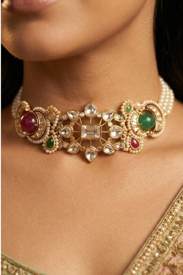 Red & Green Kundan Blue Meena Chand Tourmaline Stone Choker Necklace
