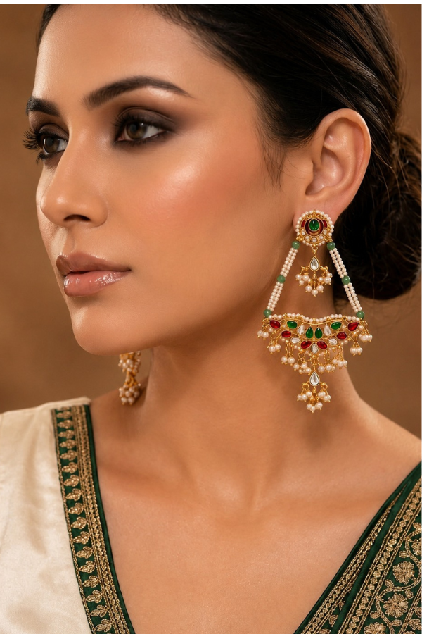 Pink & Green Kundan Biya Drop Dangler Earrings