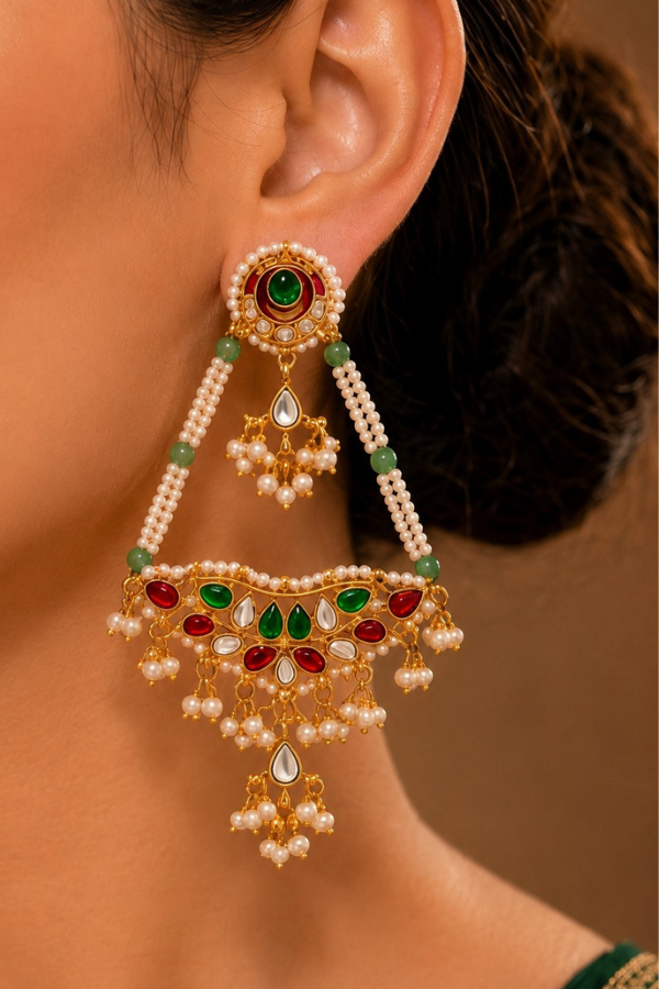 Pink & Green Kundan Biya Drop Dangler Earrings