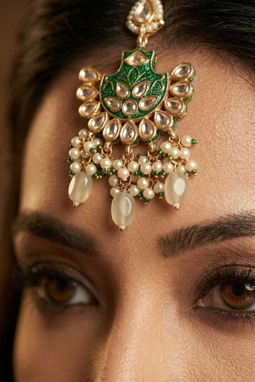Green Meenakari & Pearls Kundan Maang Tikka