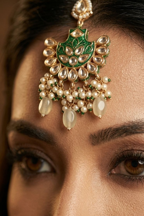Green Meenakari & Pearls Kundan Maang Tikka
