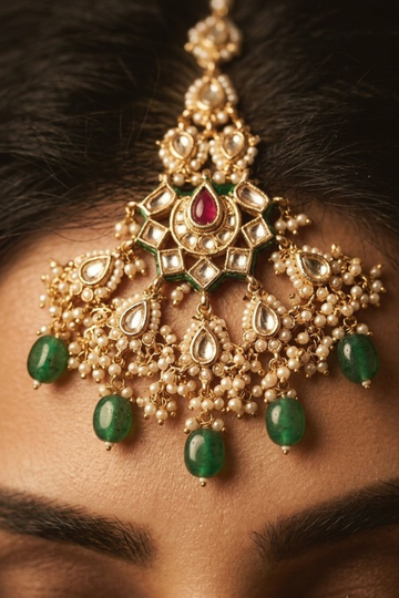 White & Green Kundan Maang Tikka