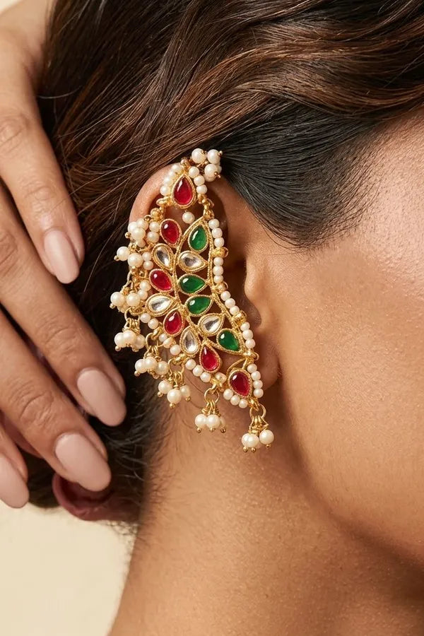 Pink & Green Kundan Pearls Earcuffs