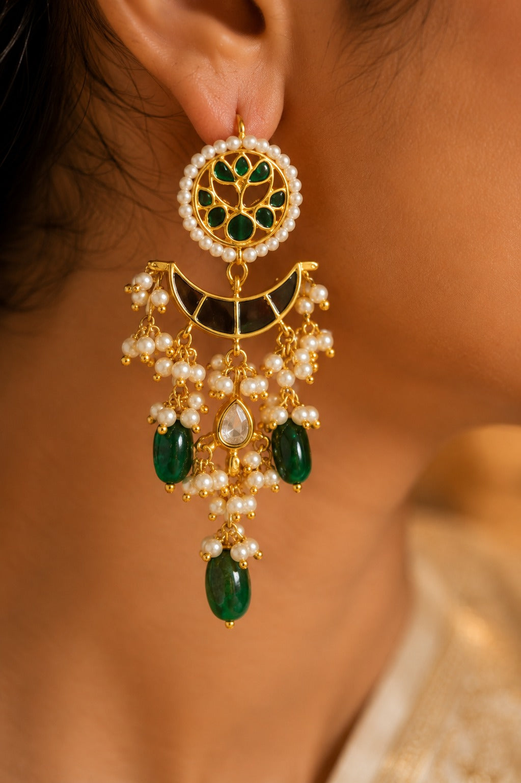Red Green Meena Chand Kundan Green Drops Dangler Earrings