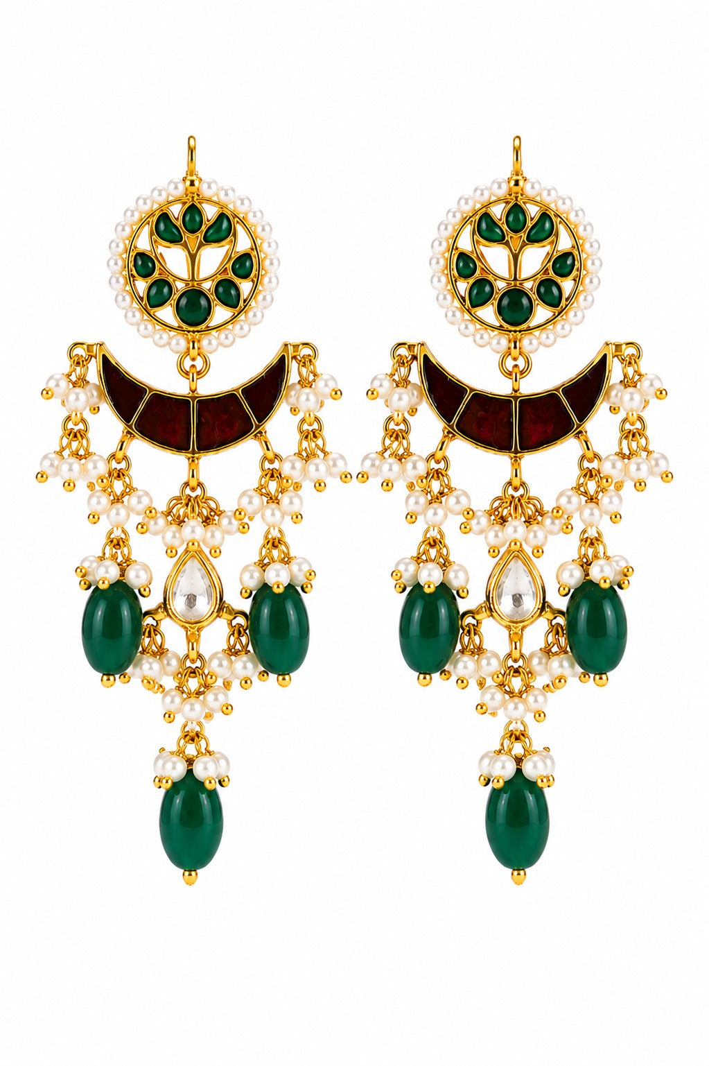 Red Green Meena Chand Kundan Green Drops Dangler Earrings