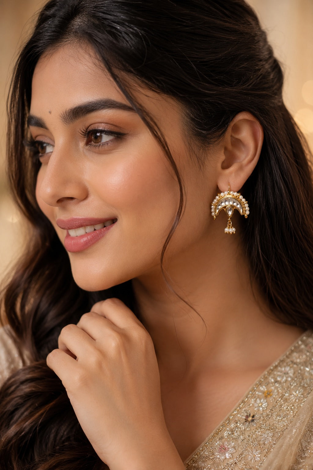 Gold Finish Chand Pearl Kundan Earrings