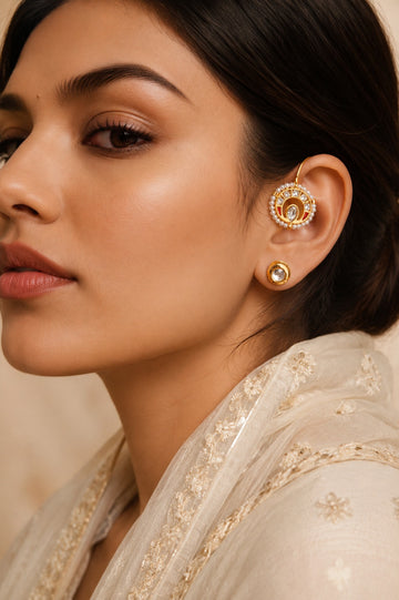 Minimalist Red Kundan & White Pearl Helix Earcuff