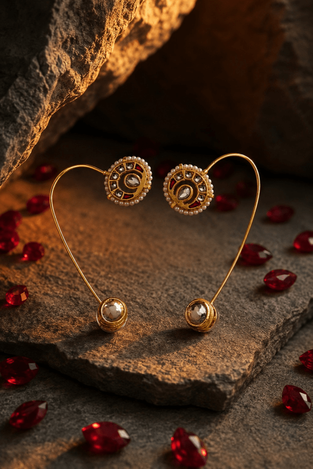 Minimalist Red Kundan & White Pearl Helix Earcuff