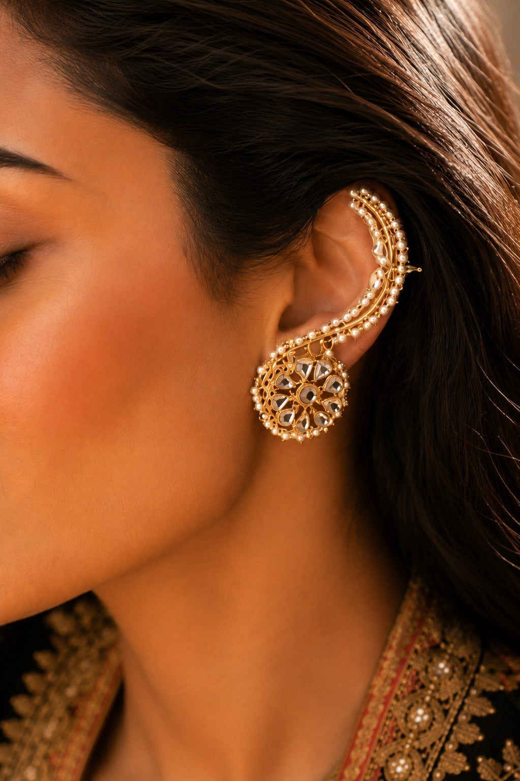 Gold & White Flower Kundan Earcuffs