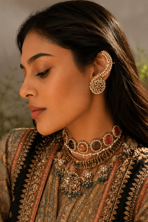 Gold & White Flower Kundan Earcuffs