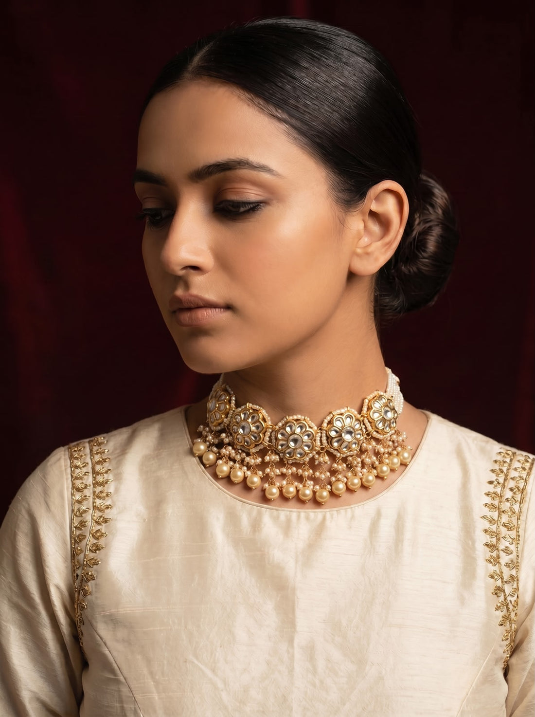 Golden Flower & Pearls Kundan Choker Necklace