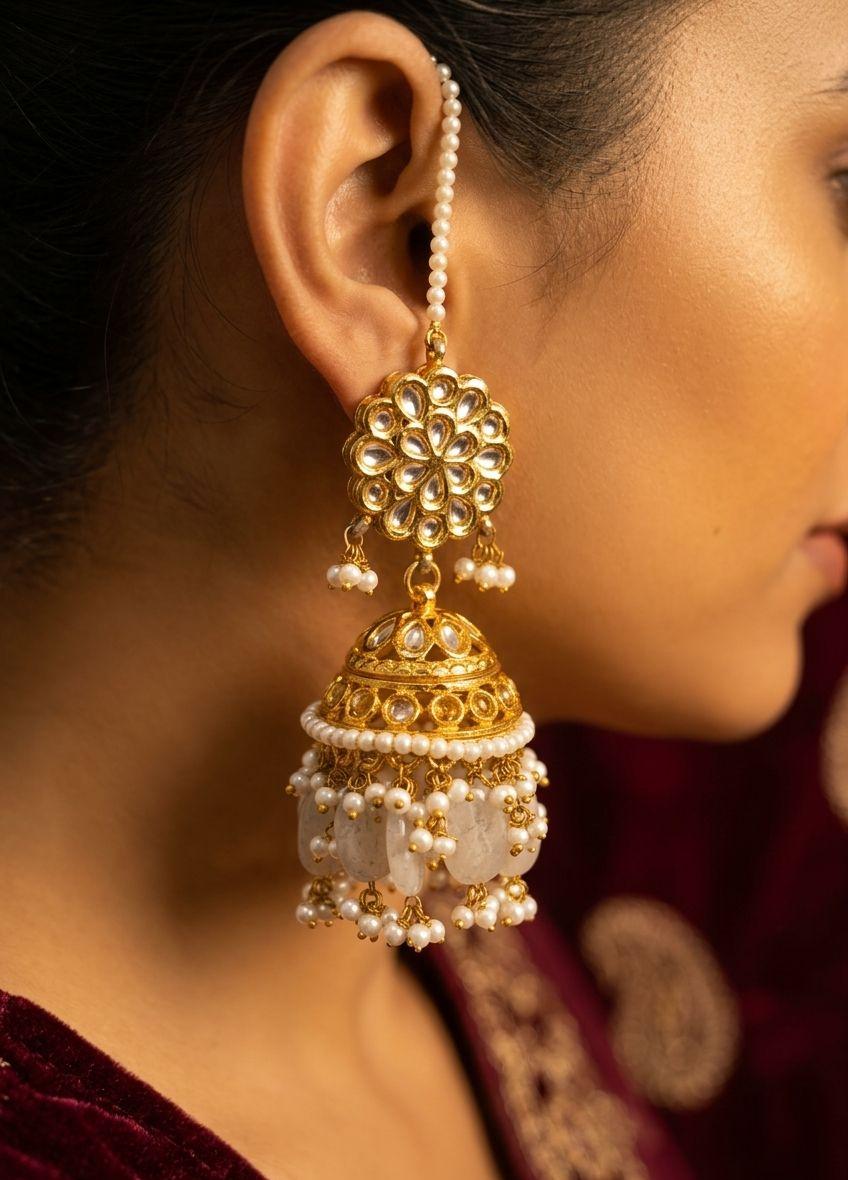 Kundan Floral Gold Finish Jhumki Earrings