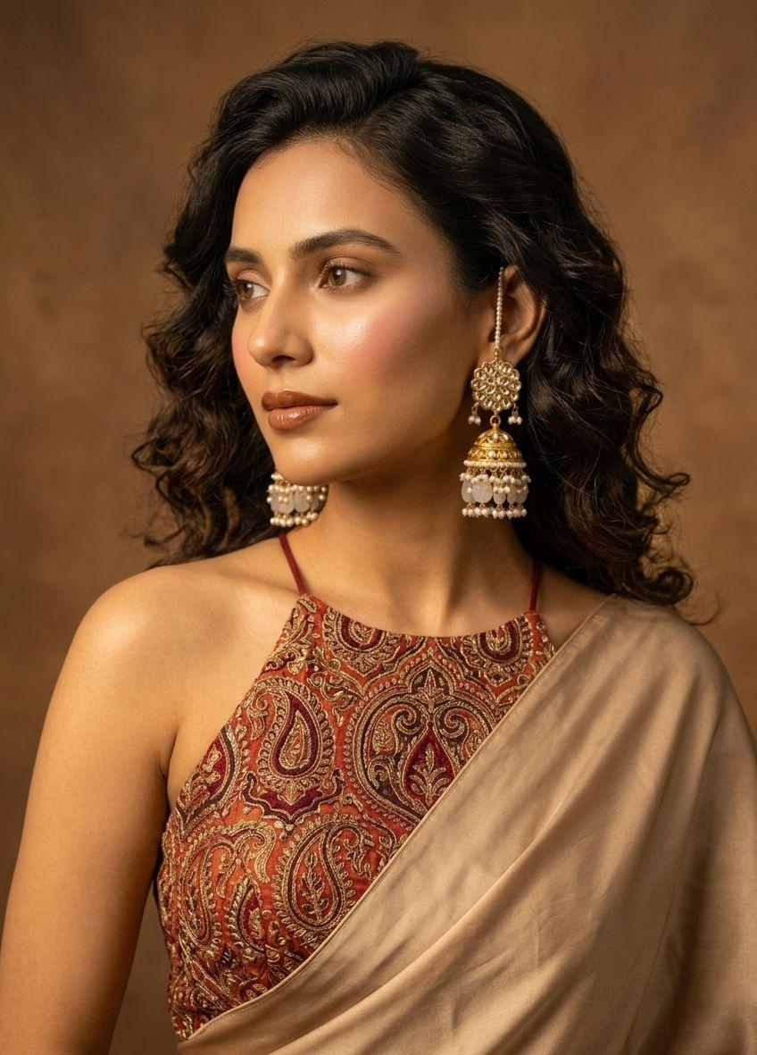 Kundan Floral Gold Finish Jhumki Earrings