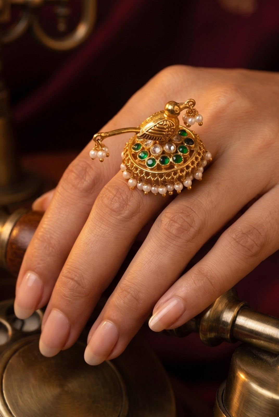 Green Kundan White Pearls Ring