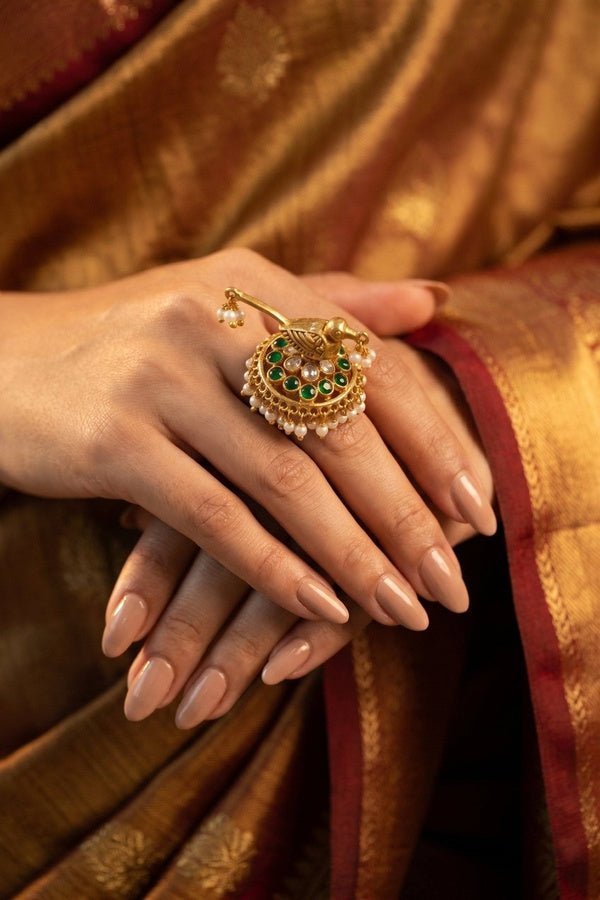 Green Kundan White Pearls Ring