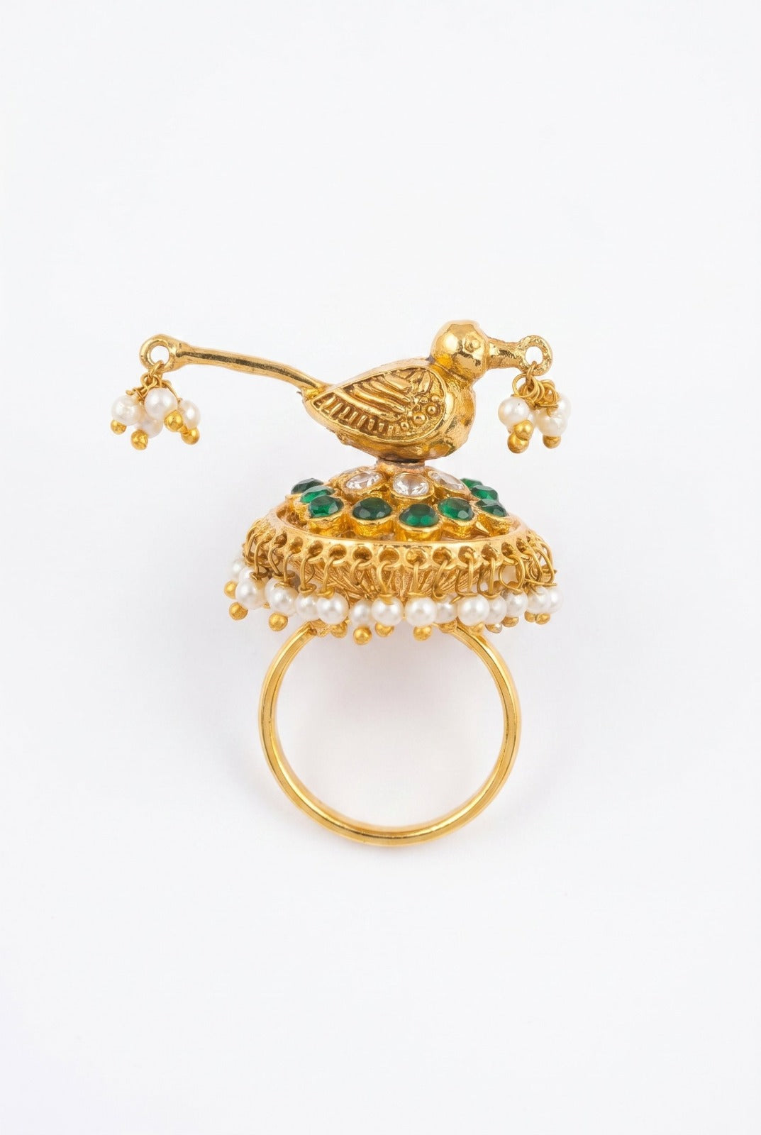 Green Kundan White Pearls Ring
