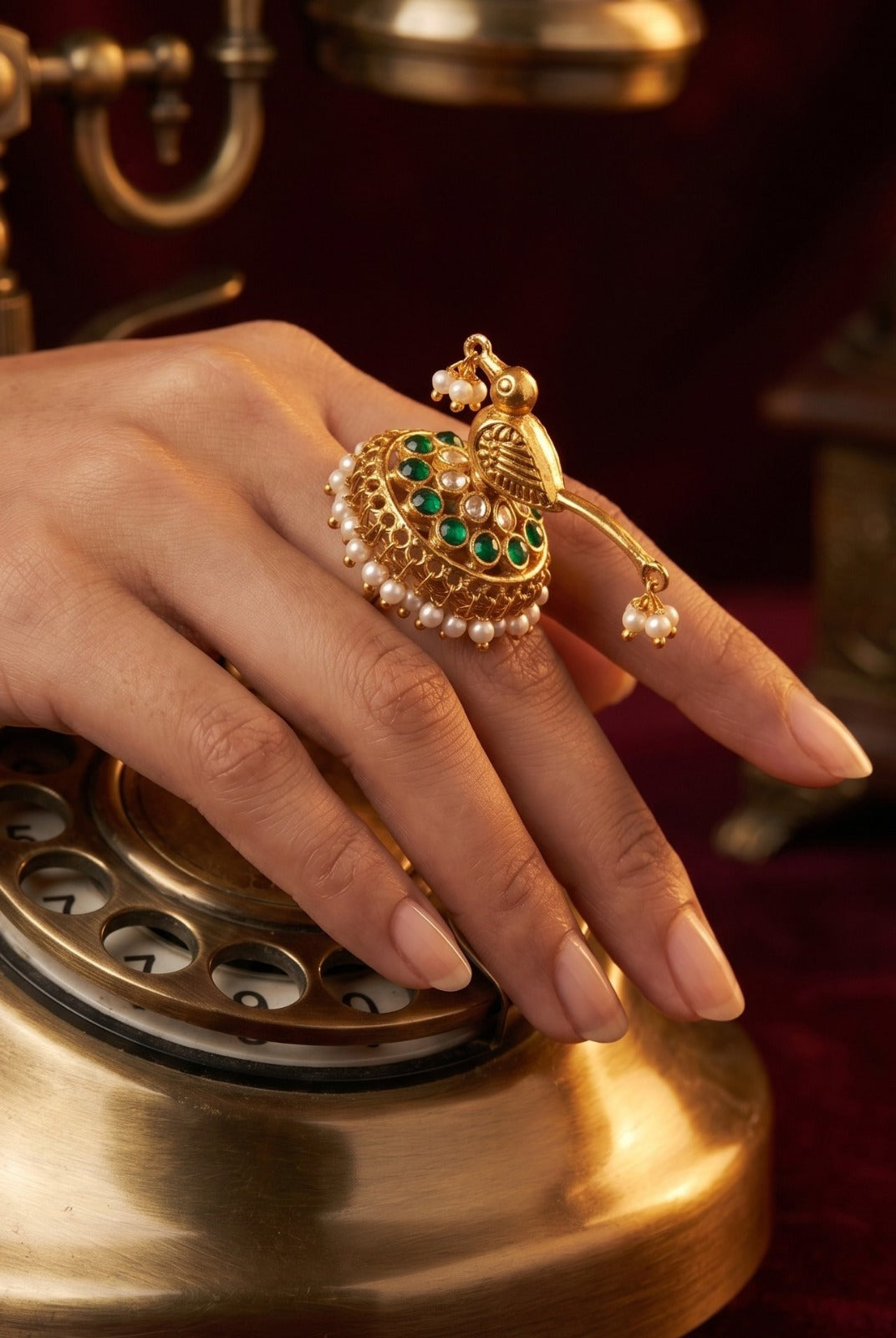 Green Kundan White Pearls Ring